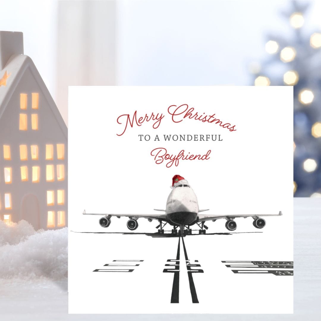 Celebrate your wonderful boyfriend this holiday season with a hand-drawn festive 747 aircraft Christmas card, crafted by Libra Fine Arts.