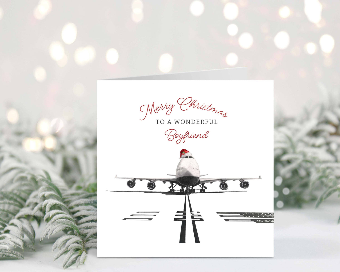 Celebrate your wonderful boyfriend this Christmas with a festive 747 aircraft Christmas card, hand-drawn by Libra Fine Arts.