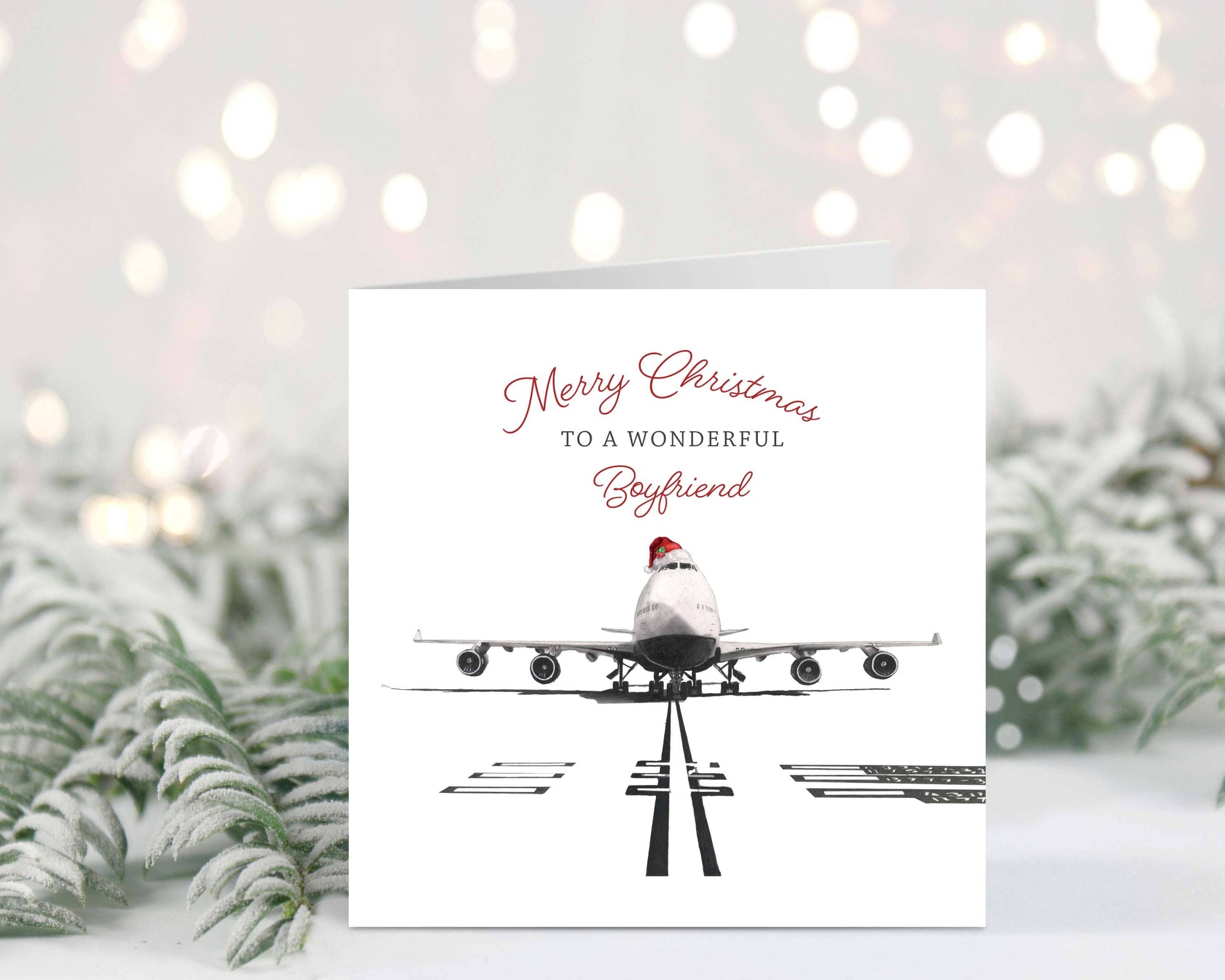 Celebrate your wonderful boyfriend this Christmas with a festive 747 aircraft Christmas card, hand-drawn by Libra Fine Arts.