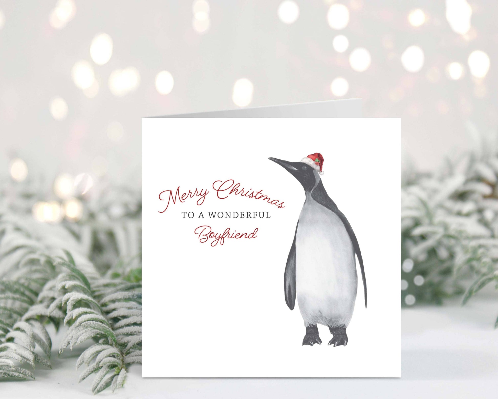 Charming hand-drawn festive penguin Christmas card for a wonderful boyfriend, created by Libra Fine Arts