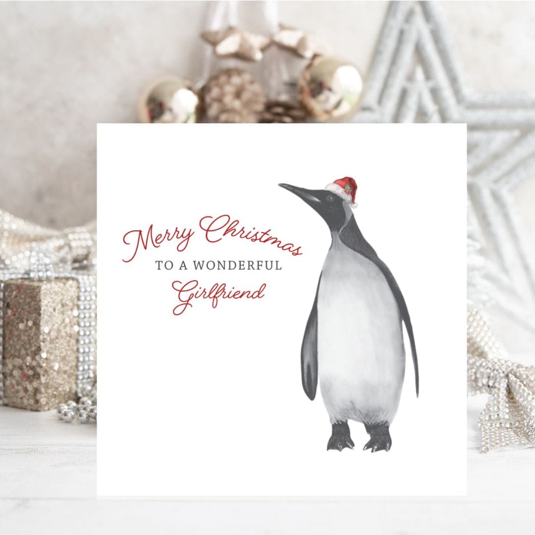 A beautiful hand-drawn festive penguin Christmas card for your wonderful girlfriend, designed by Libra Fine Arts
