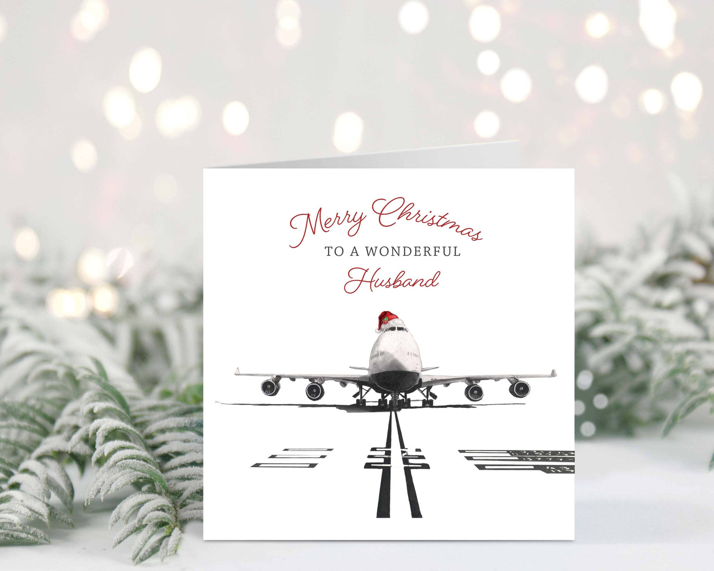 Celebrate your wonderful husband this Christmas with a hand-drawn festive 747 aircraft Christmas card, designed by Libra Fine Arts.