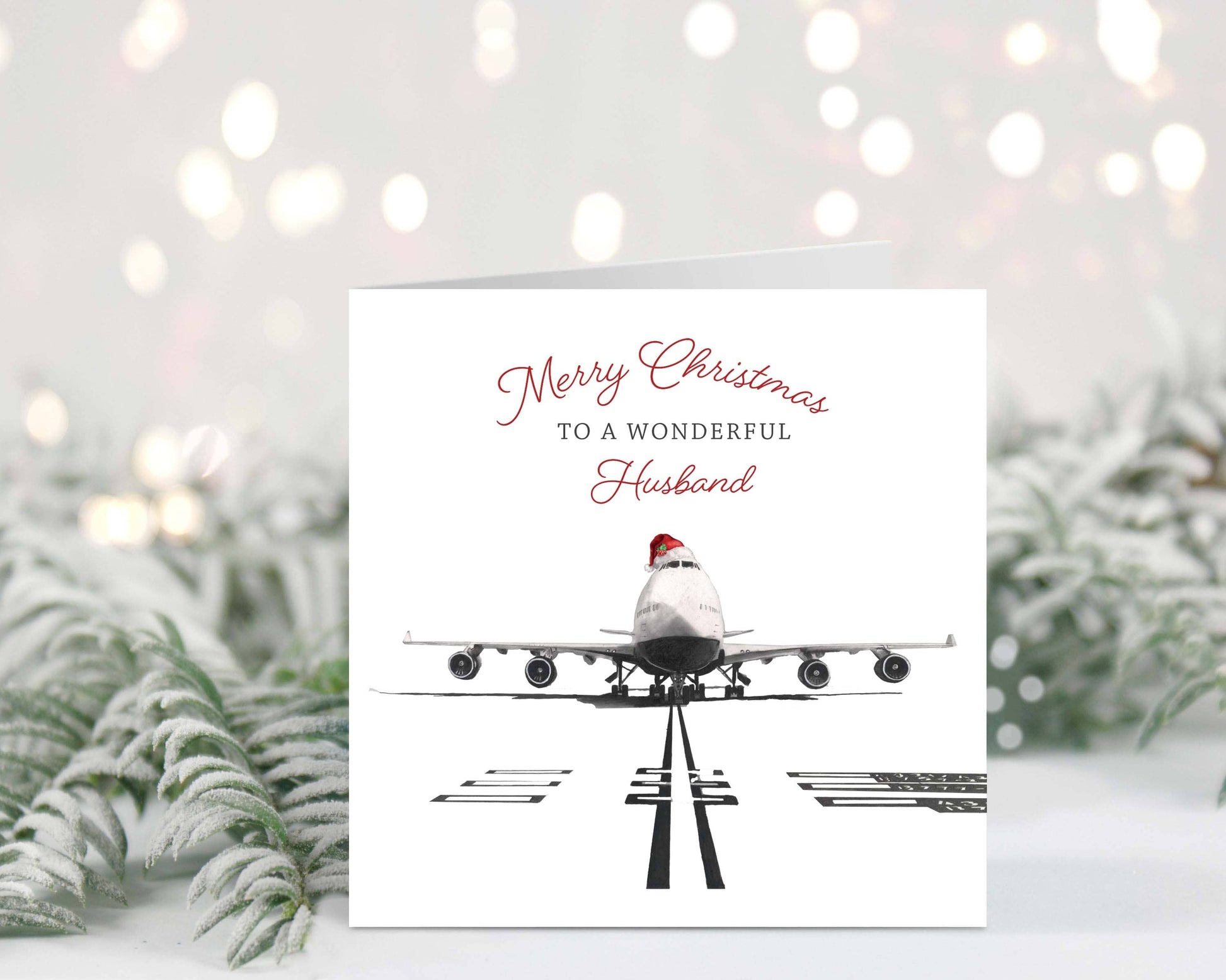 Celebrate your wonderful husband this Christmas with a hand-drawn festive 747 aircraft Christmas card, designed by Libra Fine Arts.