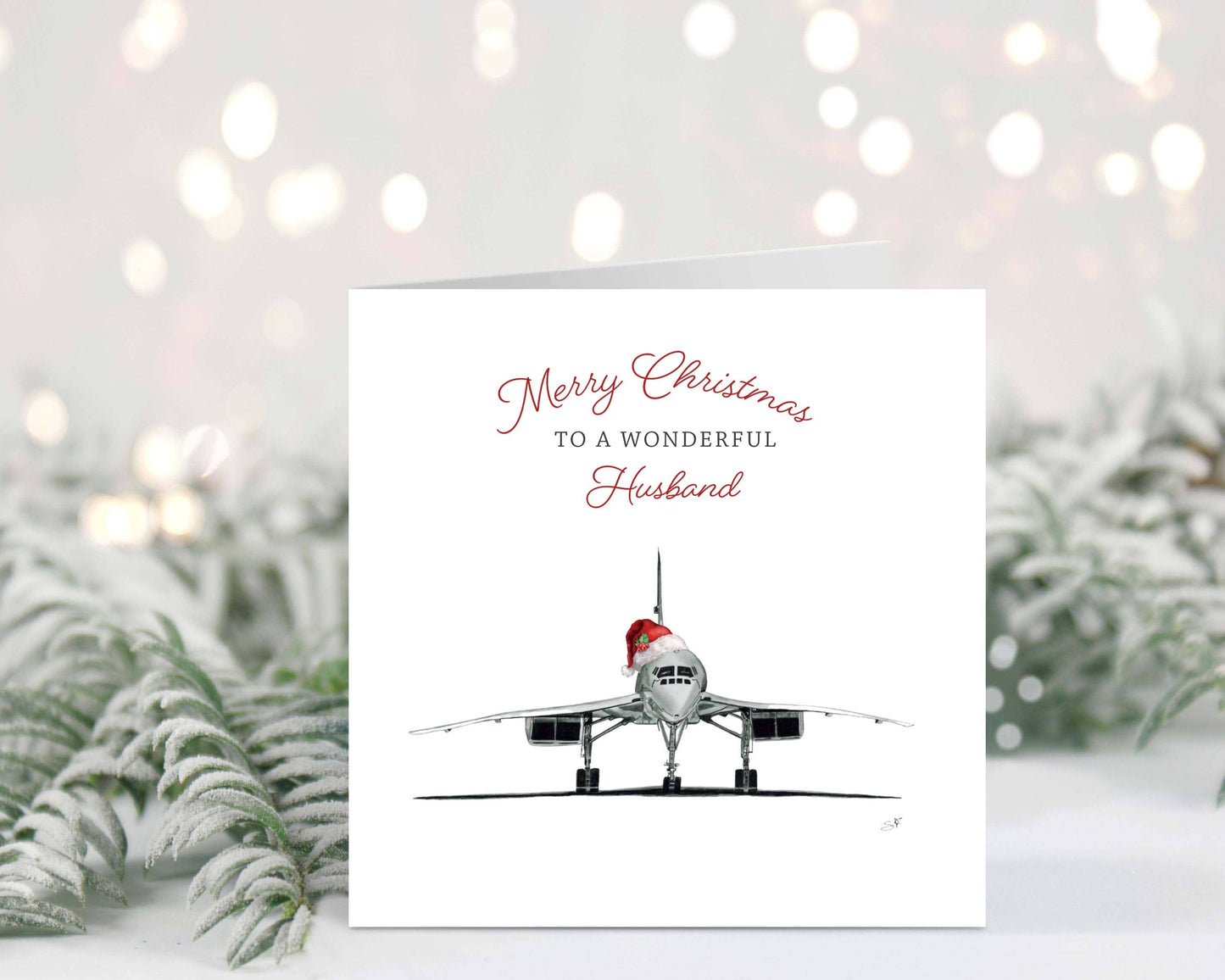 Festive hand-drawn Concorde Christmas card for a wonderful husband, created by Libra Fine Arts