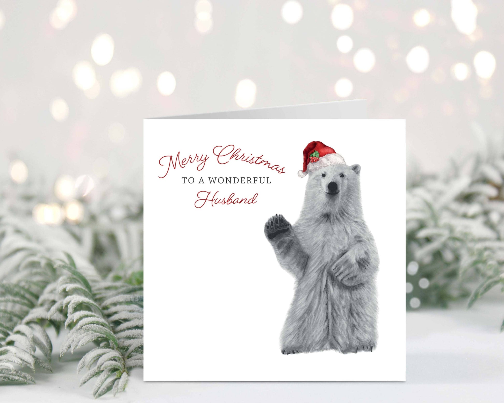 Celebrate your wonderful husband this Christmas with a charming hand-drawn polar bear Christmas card, designed by Libra Fine Arts