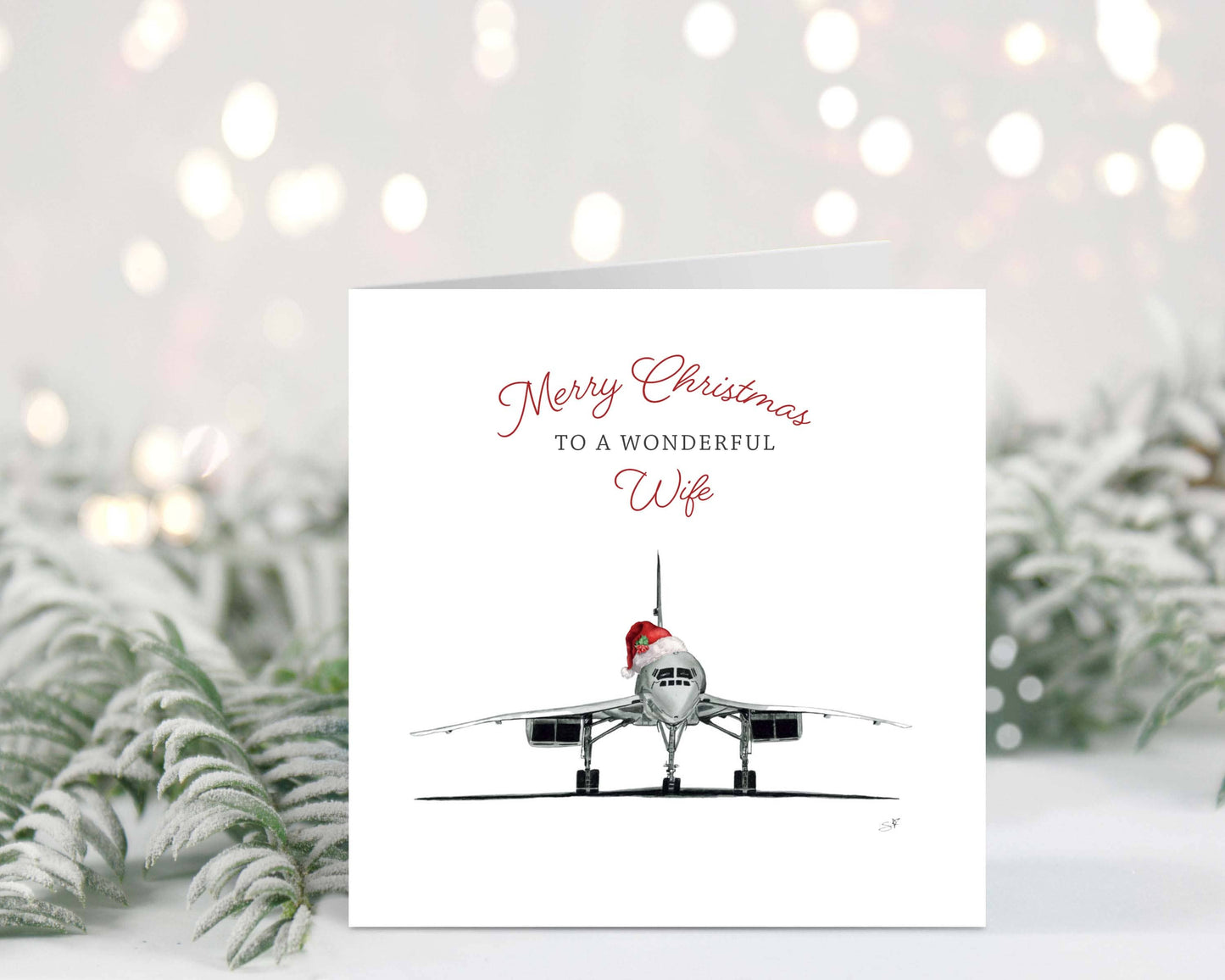 Hand-drawn festive Concorde Christmas card for a wonderful wife, beautifully illustrated by Libra Fine Arts