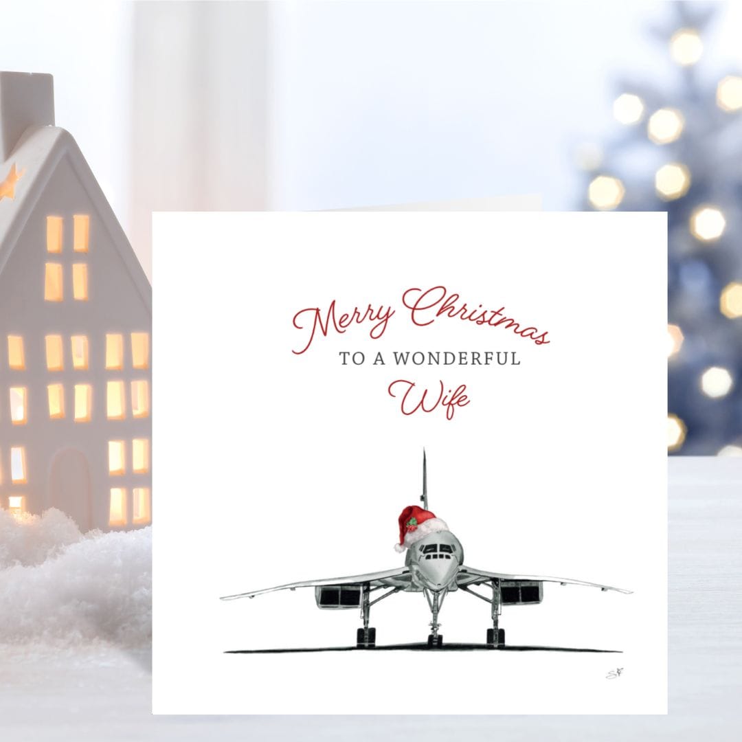 Festive hand-drawn Concorde Christmas card for a wonderful wife, created by Libra Fine Arts.