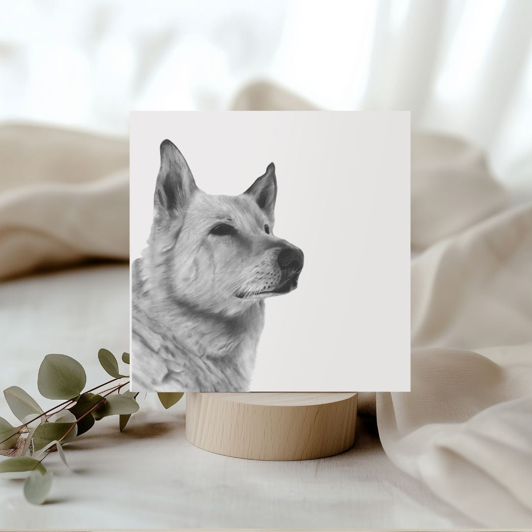 Charming hand-illustrated greeting card featuring Milo the Alsatian, ideal for sending heartfelt messages to dog enthusiasts and friends.