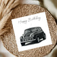 Mini car birthday card featuring a hand-drawn classic iconic car illustration, perfect gift for car lovers, vintage vehicle fans, and birthday celebrations.