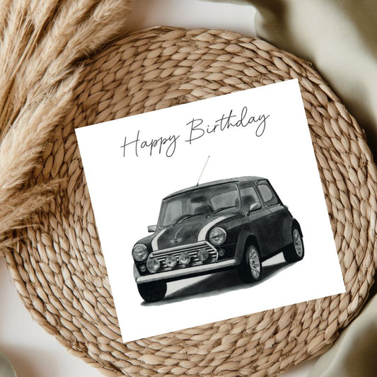 Mini car birthday card featuring a hand-drawn classic iconic car illustration, perfect gift for car lovers, vintage vehicle fans, and birthday celebrations.