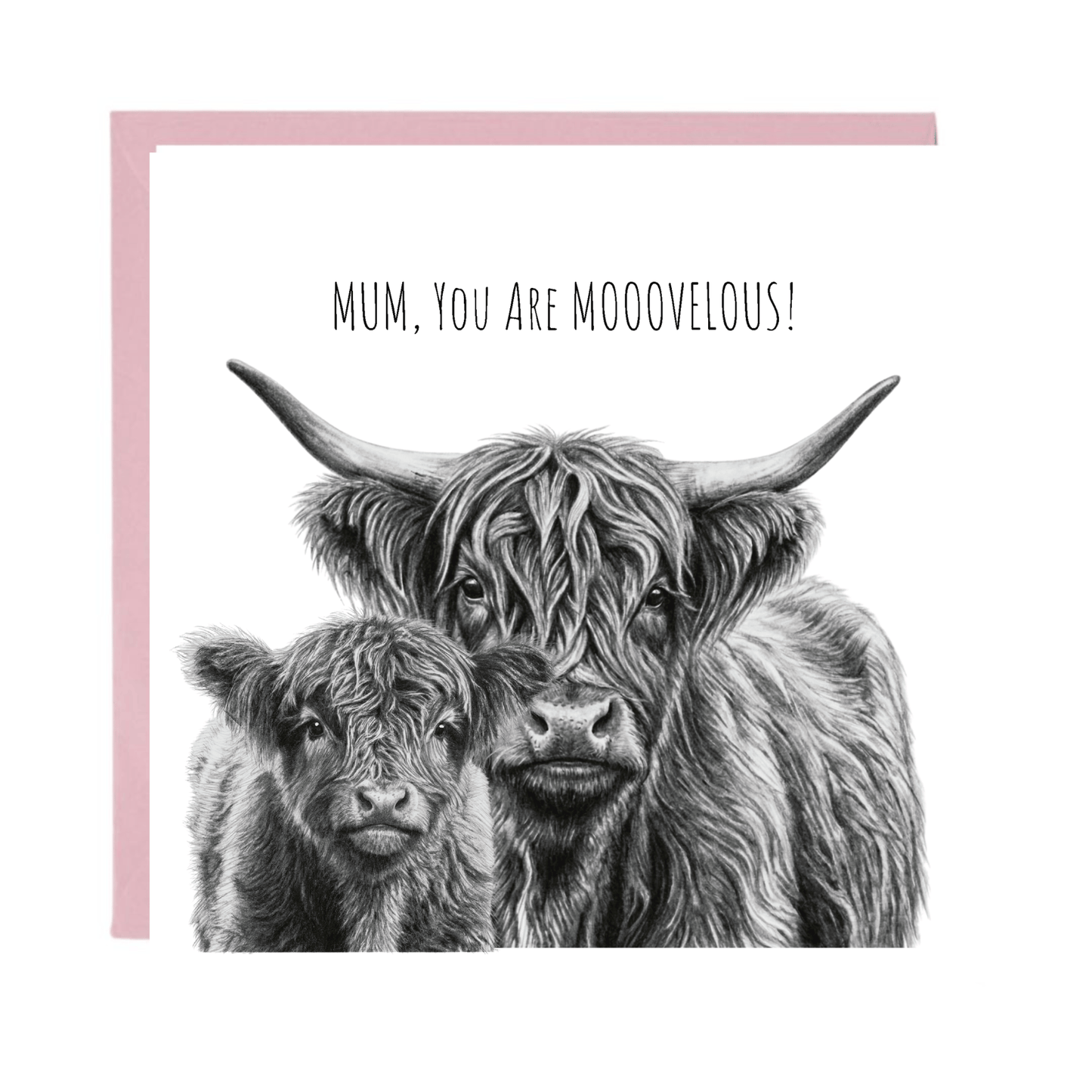 Black and white illustration of a mother cow and calf with 'Mum, you are moovelous!' text on a white background.