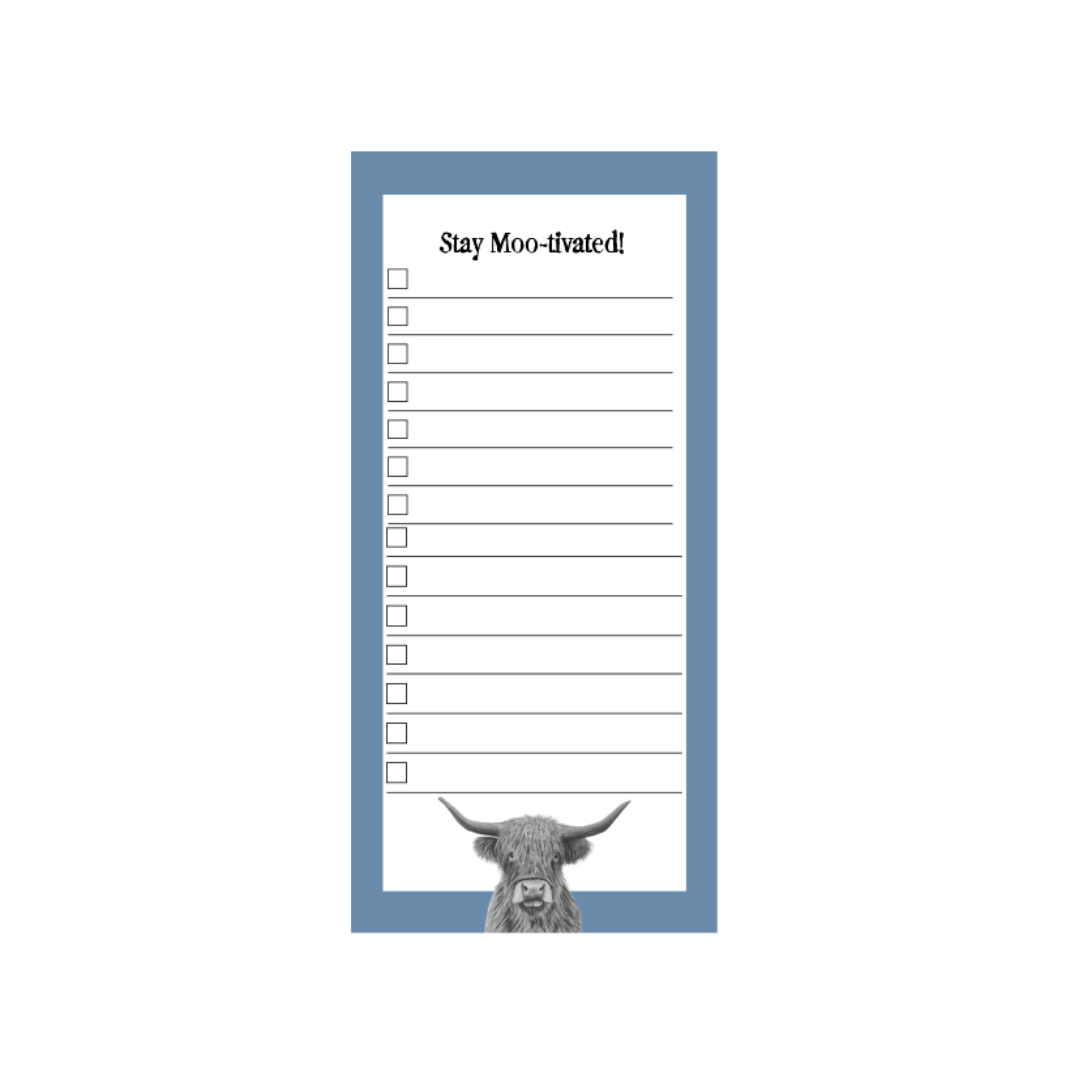 Notepad with a cow illustration and 'Stay Moo-tivated!' text on a white background