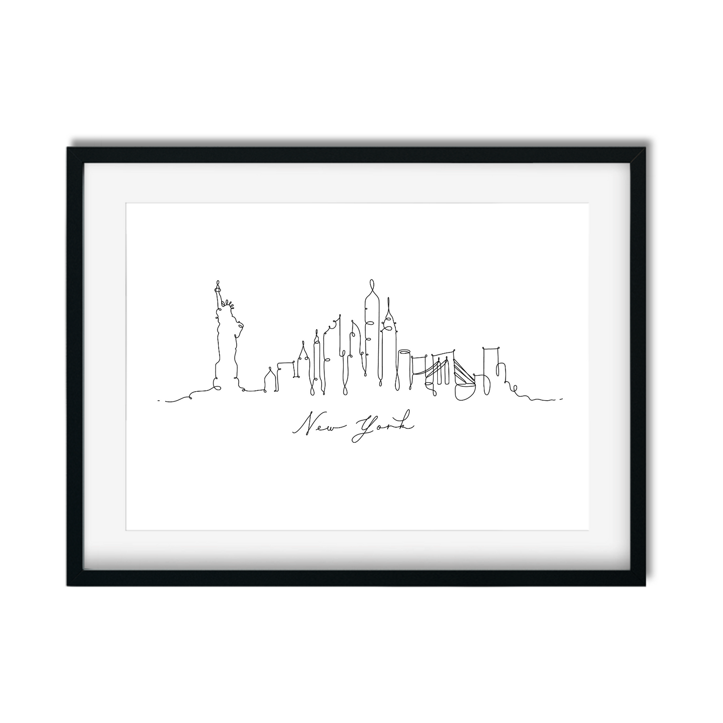 Hand-drawn New York skyline print featuring the Statue of Liberty and Empire State Building