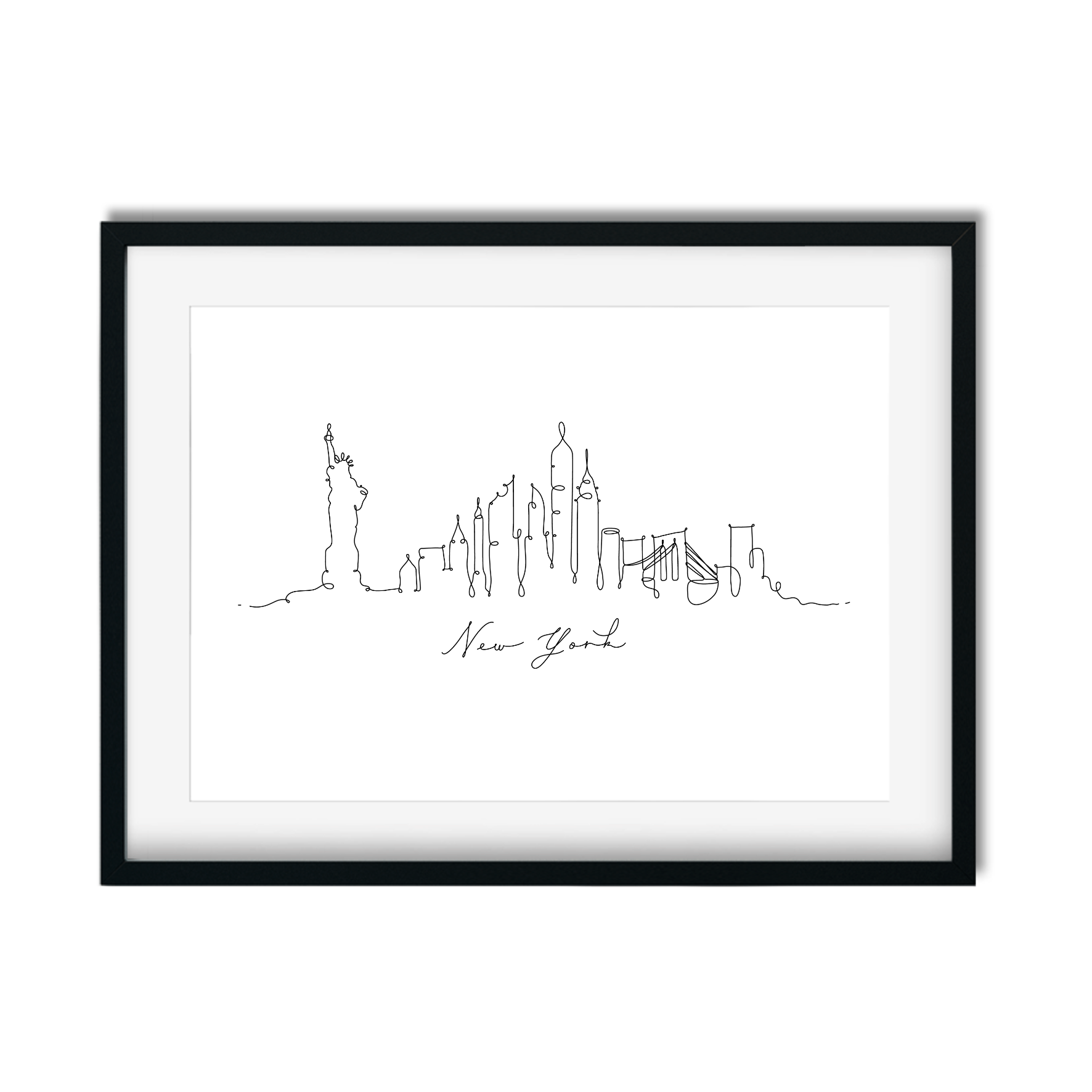 Hand-drawn New York skyline print featuring the Statue of Liberty and Empire State Building