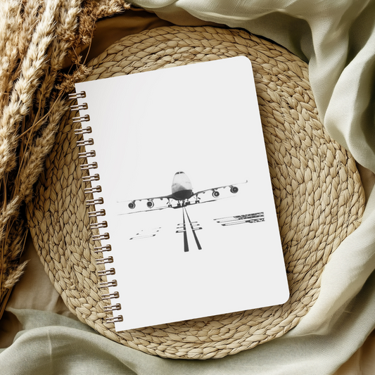 Aviation art notebook with hand-drawn Boeing 747, fine line aircraft illustration on lined pages, ideal gift for pilots, travelers, and aviation fans.