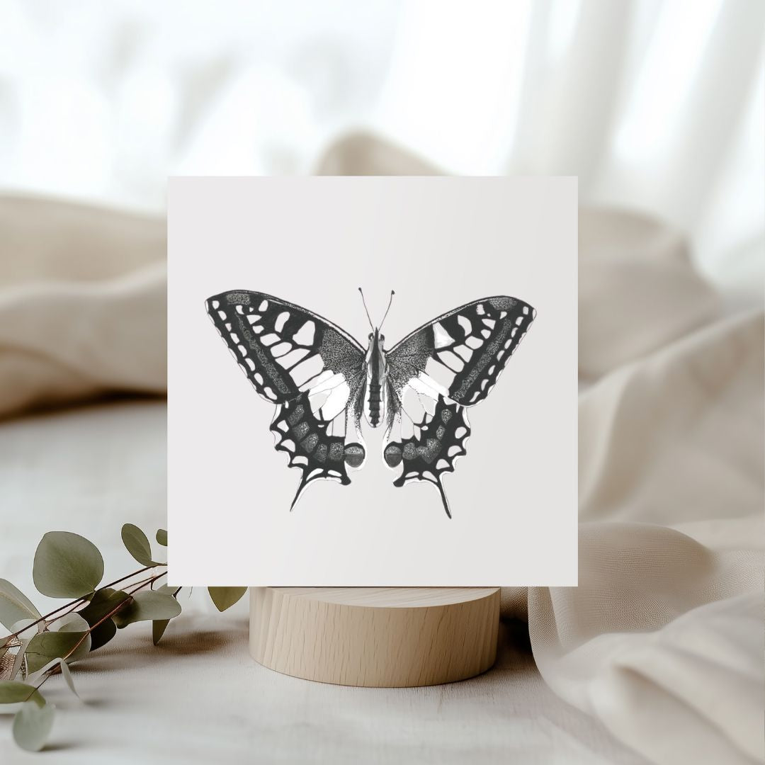 A meticulously hand-illustrated greeting card featuring the Old World Swallowtail butterfly (Papilio machaon), perfect for sending thoughtful messages to nature enthusiasts and art lovers. Available at Libra Fine Arts. (librafinearts.co.uk)

