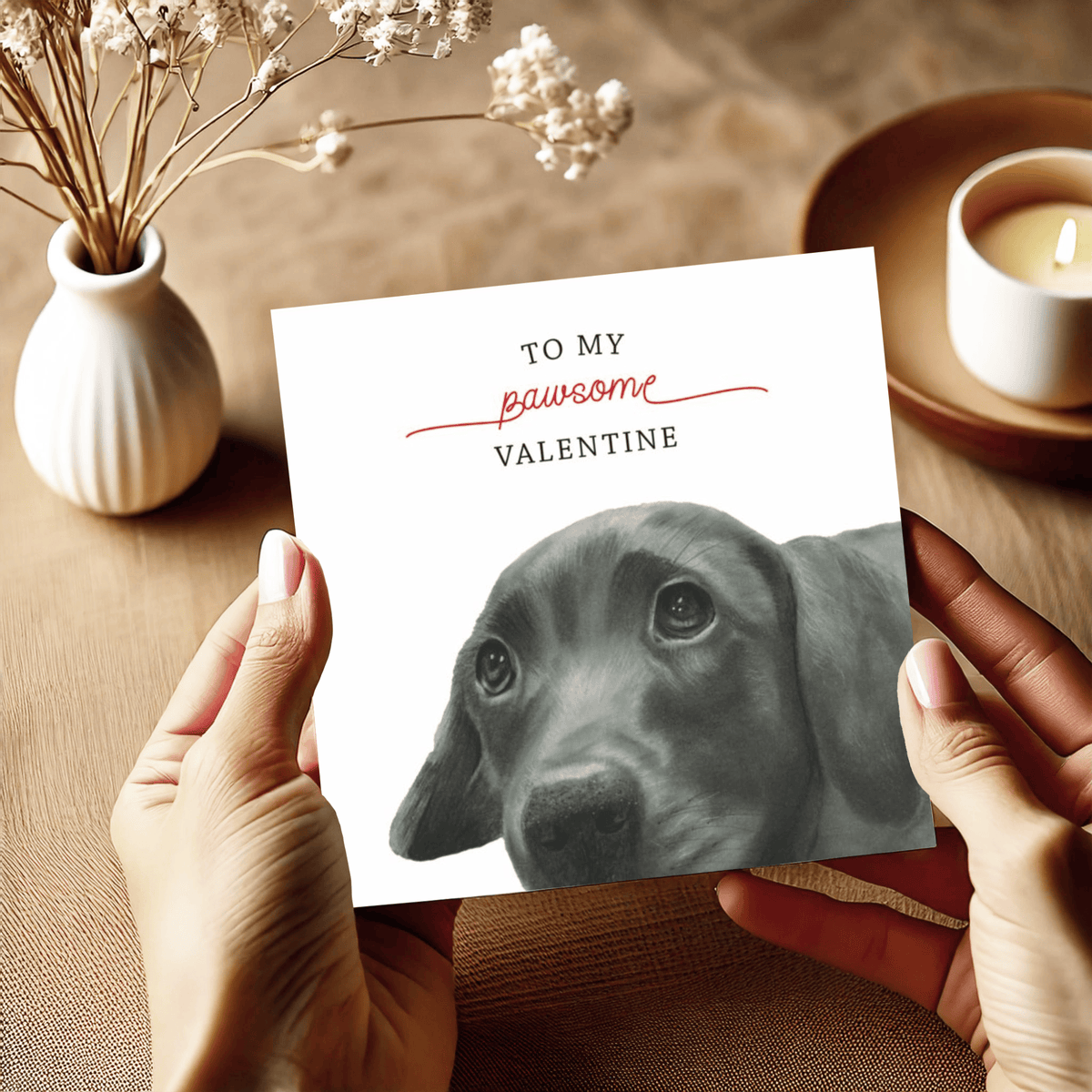 This cute and heartfelt Valentine's Day card features a lovable hand-drawn dog and the message 'To A Pawsome Valentine,' making it the perfect card for dog lovers and animal enthusiasts