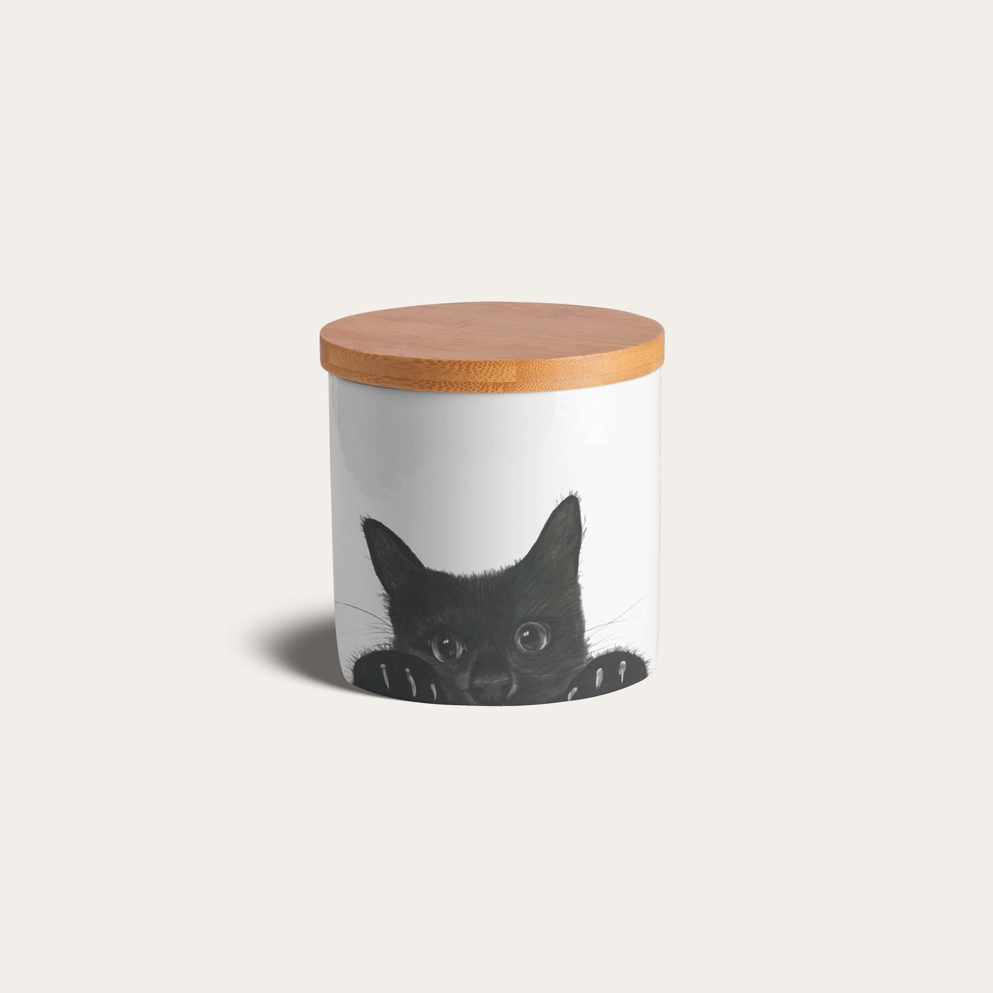 Peeking Cat bone china storage jar featuring a hand-drawn cat design, perfect for storing tea, coffee, sugar, or biscuits.