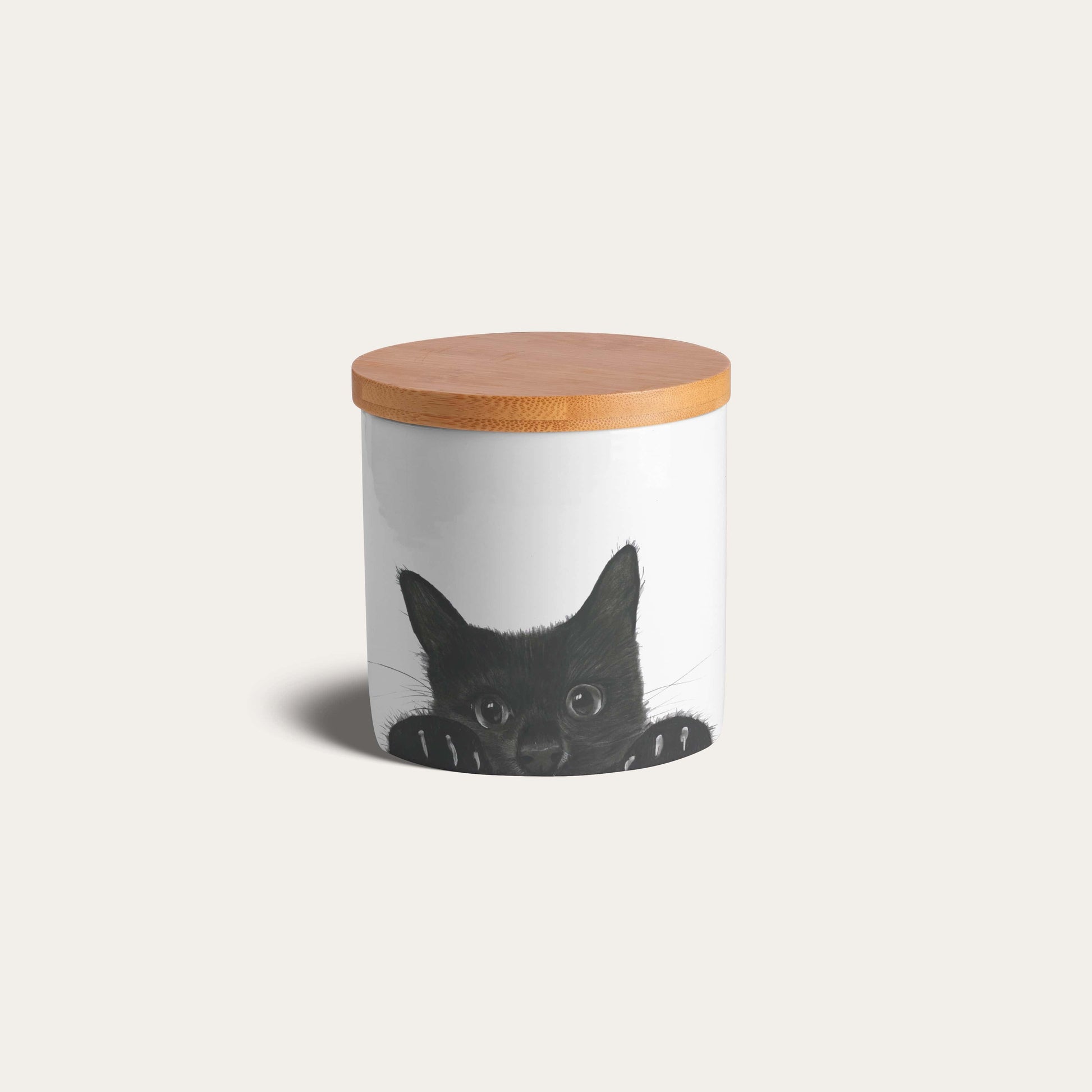 Peeking Cat bone china storage jar featuring a hand-drawn cat design, perfect for storing tea, coffee, sugar, or biscuits.