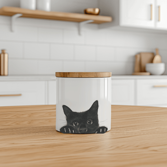 Peeking Cat bone china storage jar – perfect for storing tea, coffee, sugar or biscuits – featuring a hand-drawn cat illustration, made in the UK.