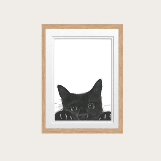 Adorable hand-drawn Peeking Cat fine art print, featuring a detailed cat illustration with a playful expression. Perfect for animal