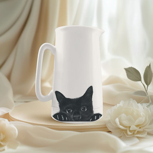Adorable fine bone china jug featuring a hand-drawn peeking cat, perfect for cat lovers and cosy kitchens.