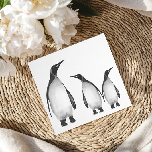 Charming hand-illustrated greeting card featuring a penguin family, perfect for sending warm wishes to animal lovers and fans of delightful wildlife art.

