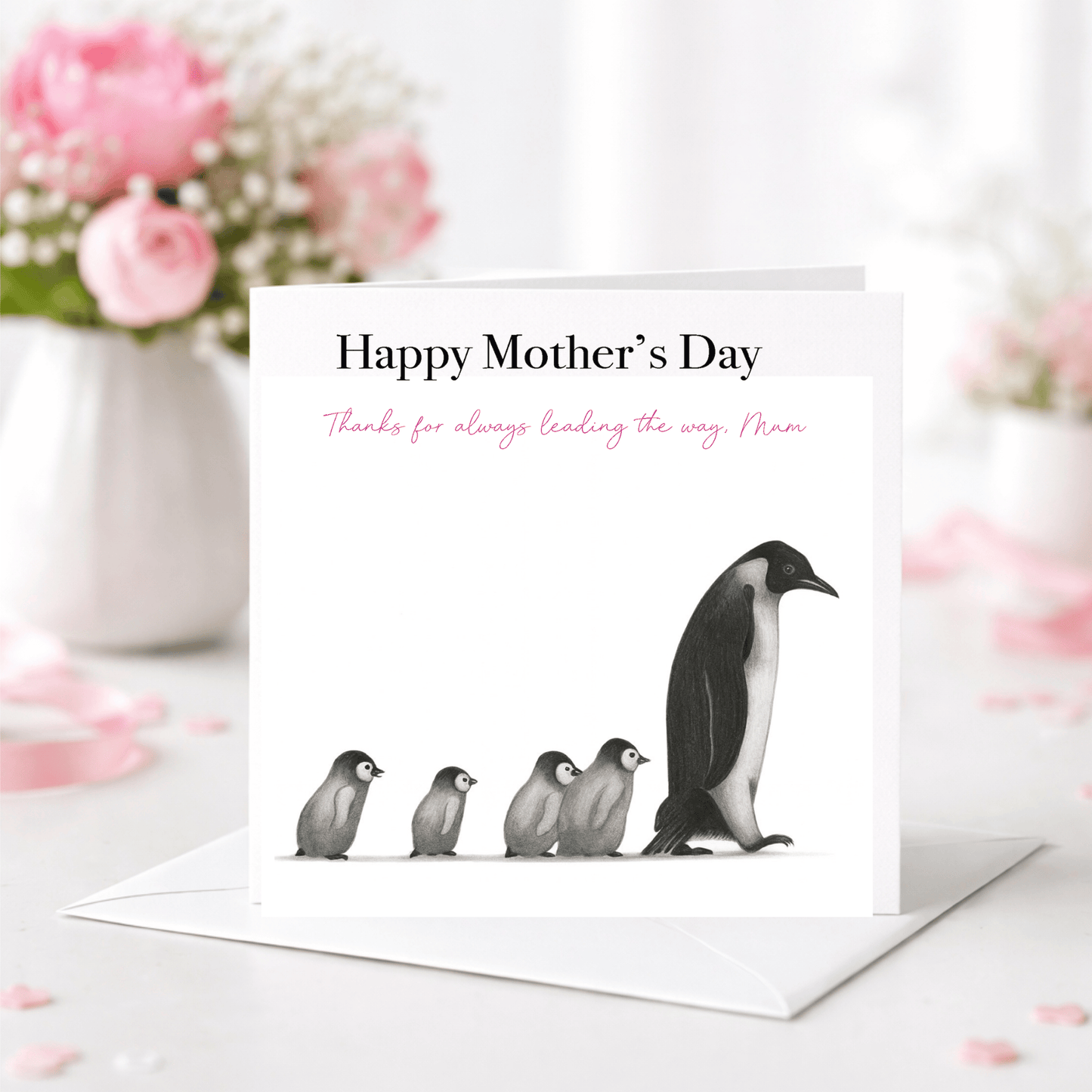 Mother's Day card with penguin illustration and flowers in the background
