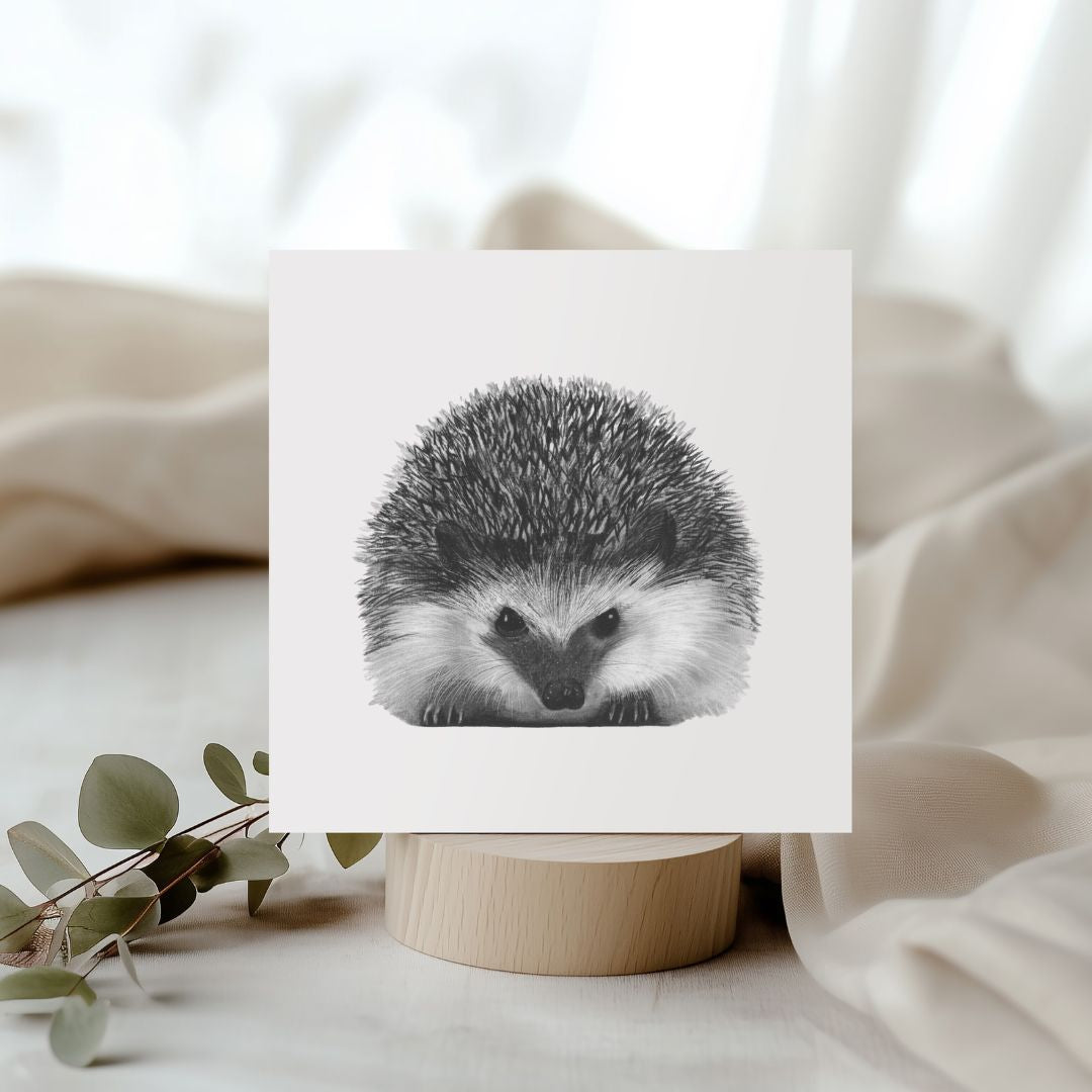Hand-drawn Persei the Hedgehog greeting card, featuring a cute countryside wildlife illustration.