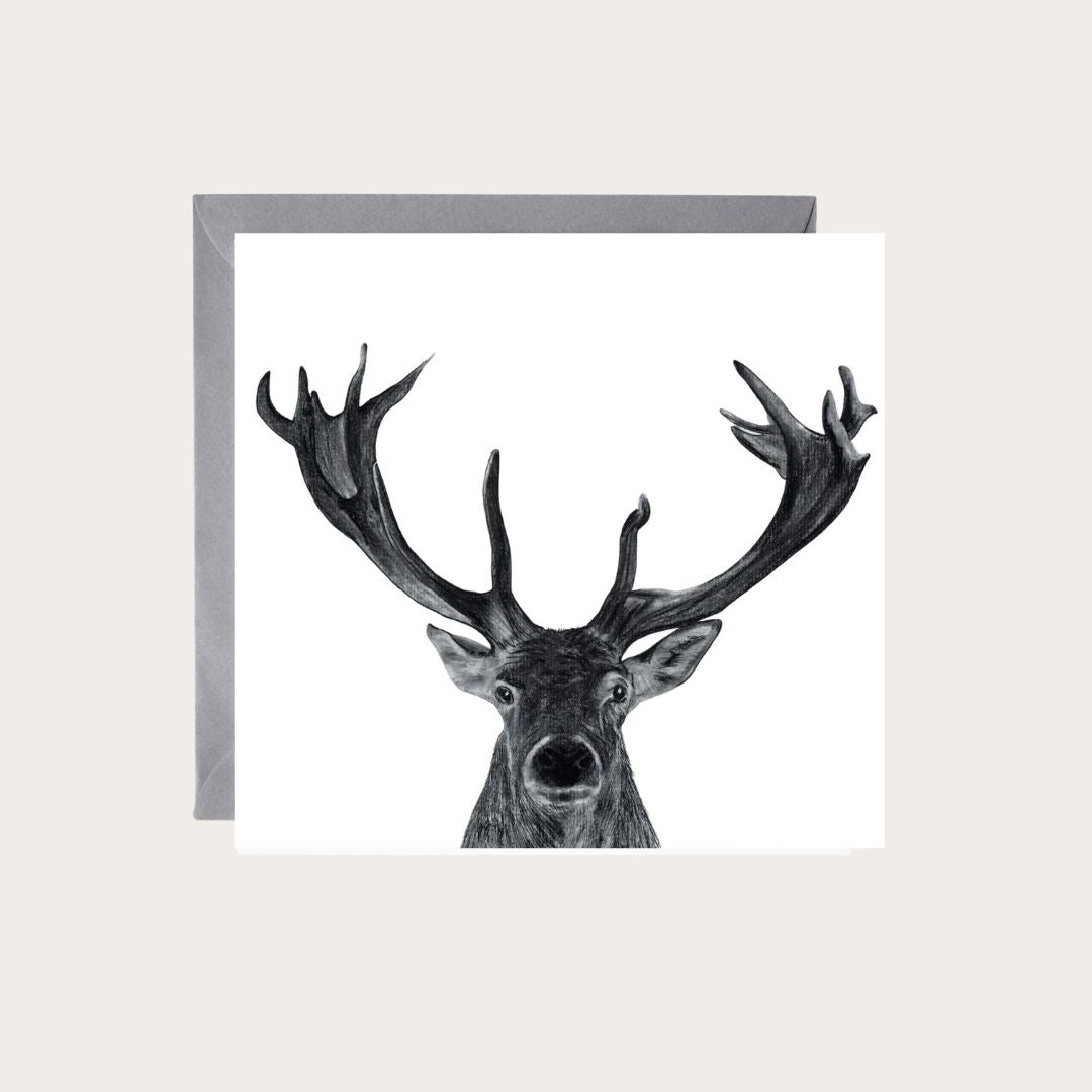A meticulously hand-drawn greeting card featuring "Polaris the Stag," capturing the grace and power of the stag in its natural habitat. This exquisite illustration is perfect for nature lovers and wildlife enthusiasts, making it an ideal choice for any occasion.