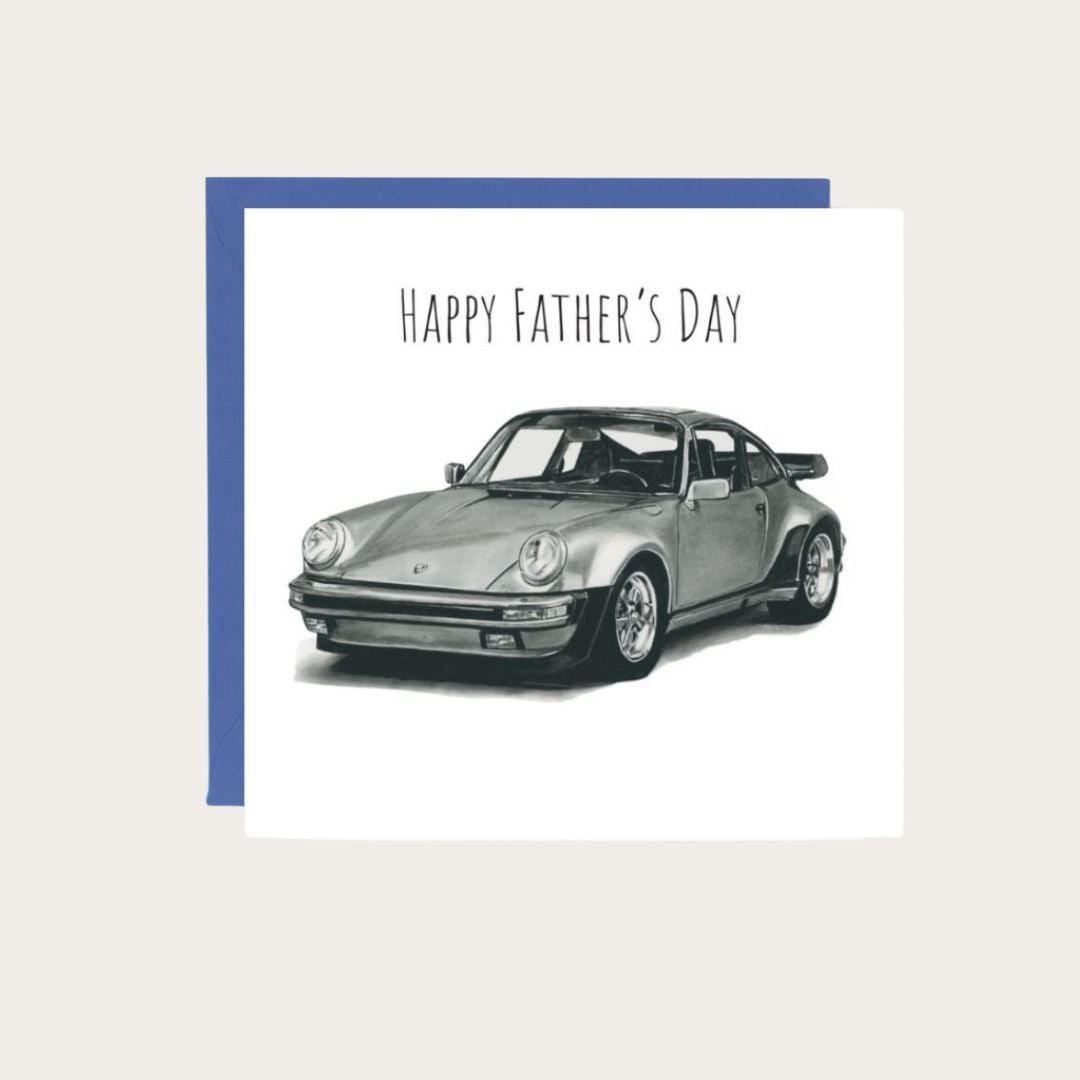 Happy Father’s Day card with a sleek Porsche sports car design for car enthusiasts