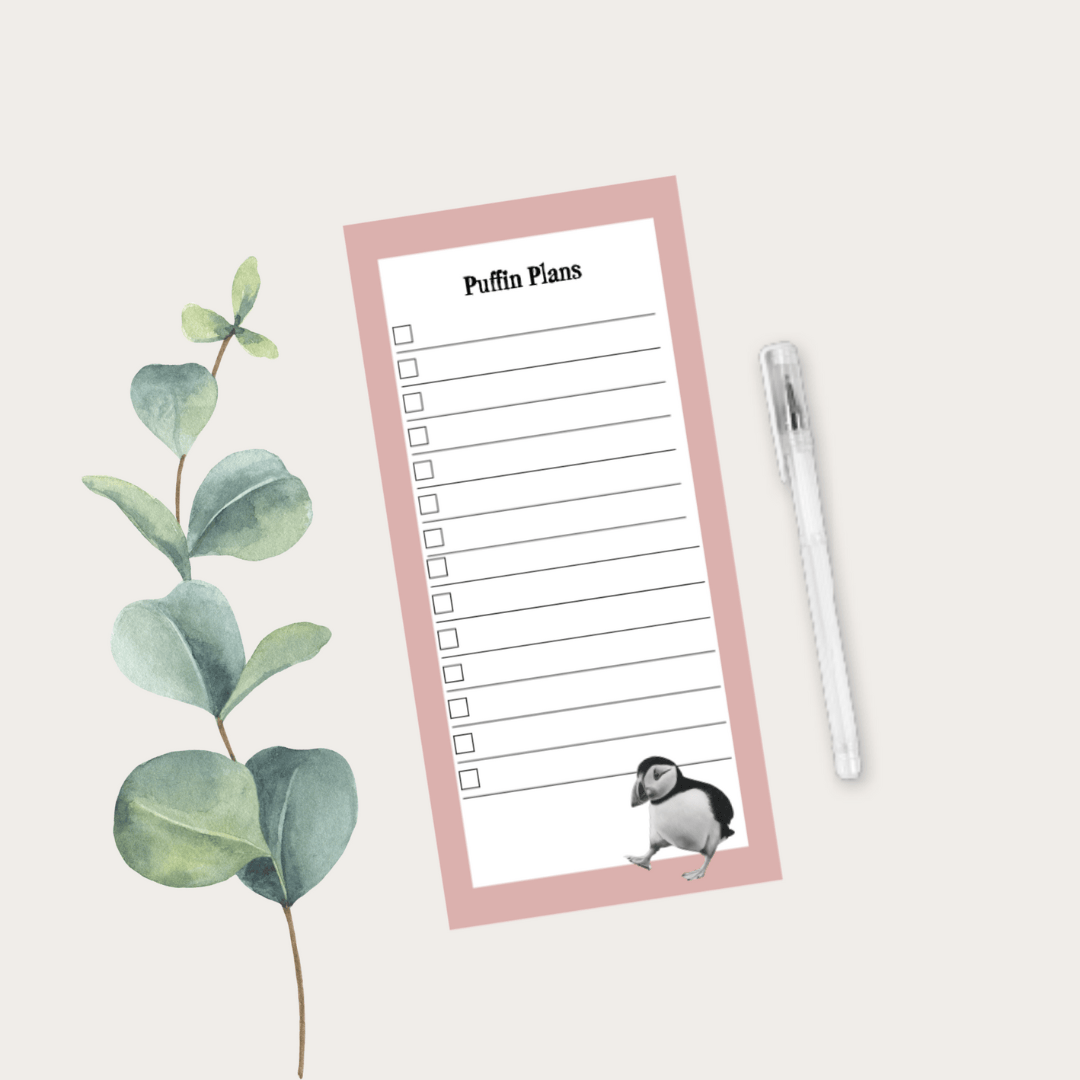 A practical list pad with the phrase Puffin Plans and a hand-drawn puffin design, perfect for daily notes, shopping lists, and reminders.