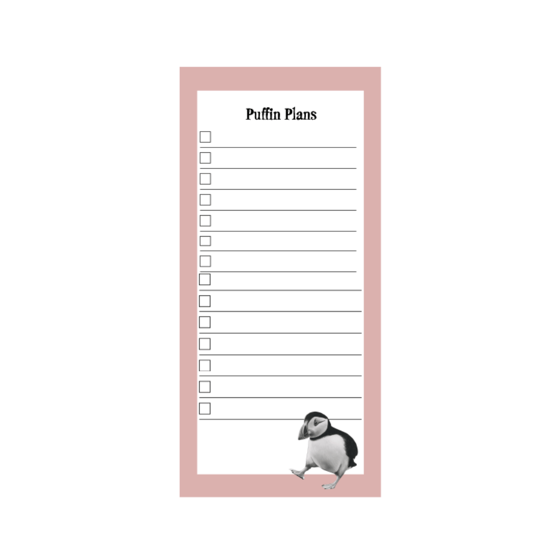 Fun list pad featuring an illustrated puffin, ideal for jotting down notes and to-do lists.
