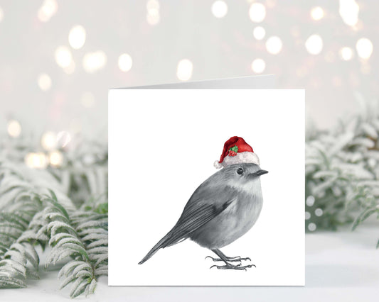Charming hand-illustrated Christmas card featuring a robin wearing a festive Santa hat, perfect for sending warm holiday wishes.