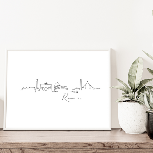 Hand-drawn Rome skyline print featuring the Colosseum, St. Peter’s Basilica, and Roman Forum