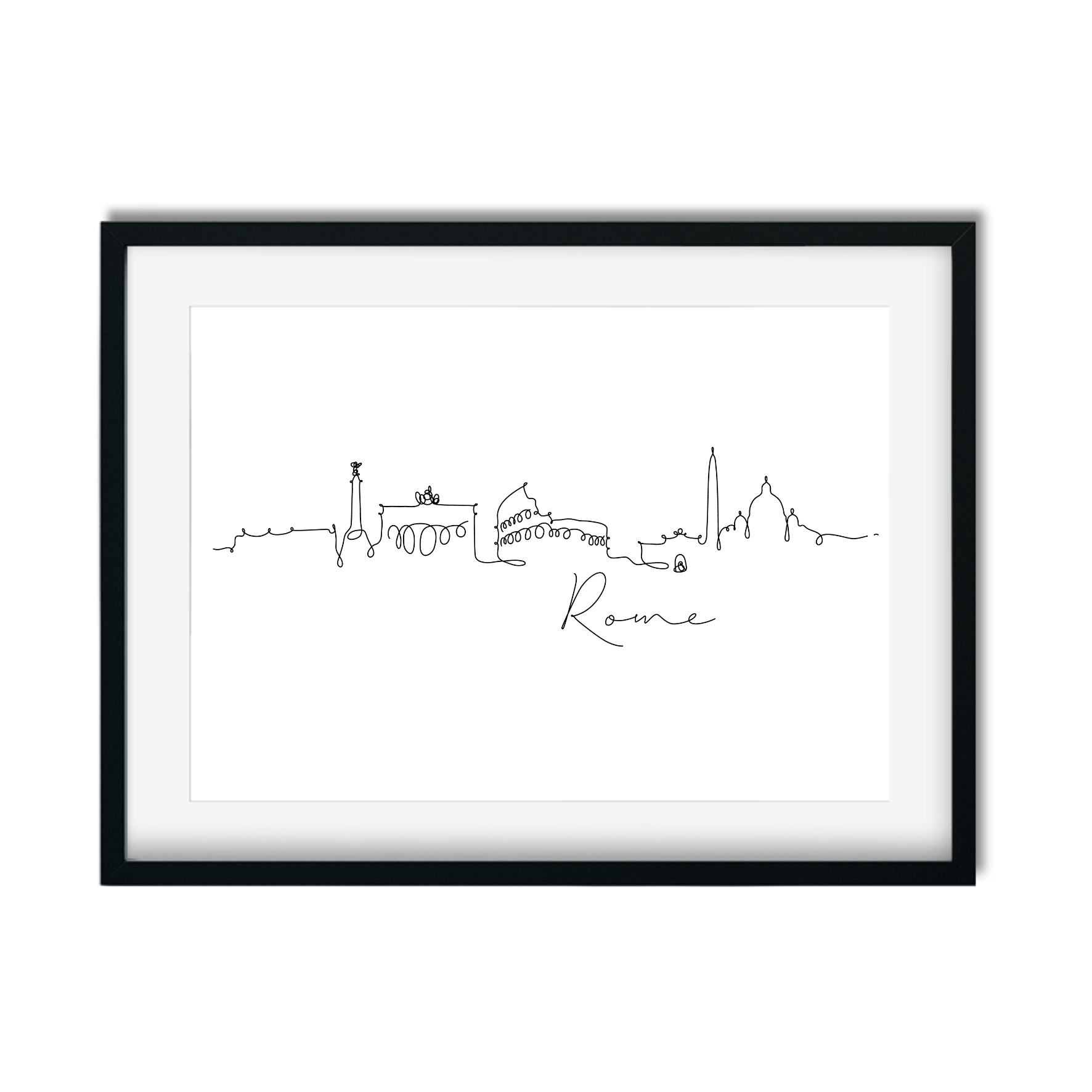 Detailed hand-drawn Rome cityscape print featuring Colosseum, St. Peter’s Basilica, and historic landmarks