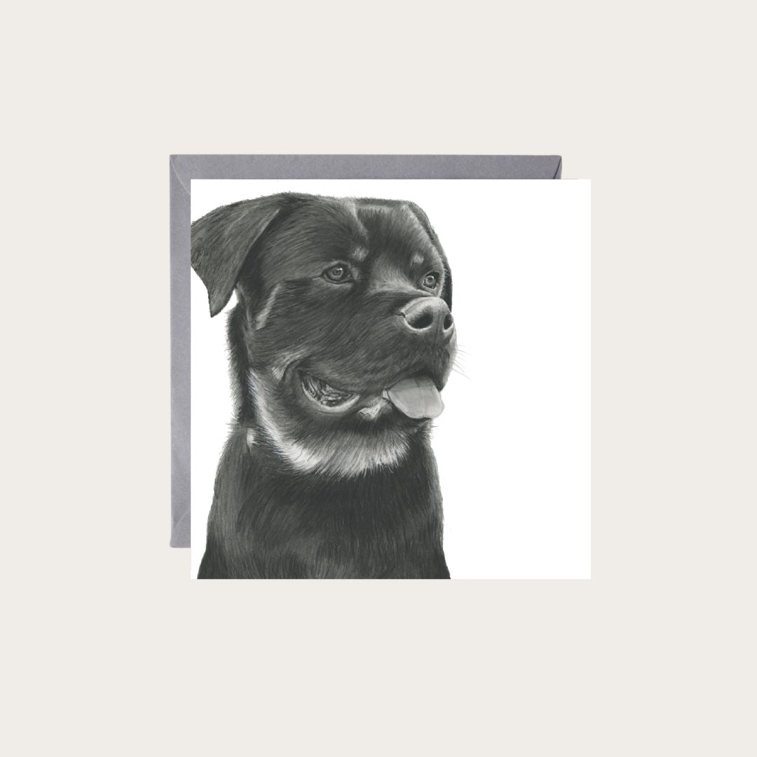 An exquisite hand-drawn card showcasing a Rottweiler, perfect for special occasions and celebrating the joy of dog companionship.