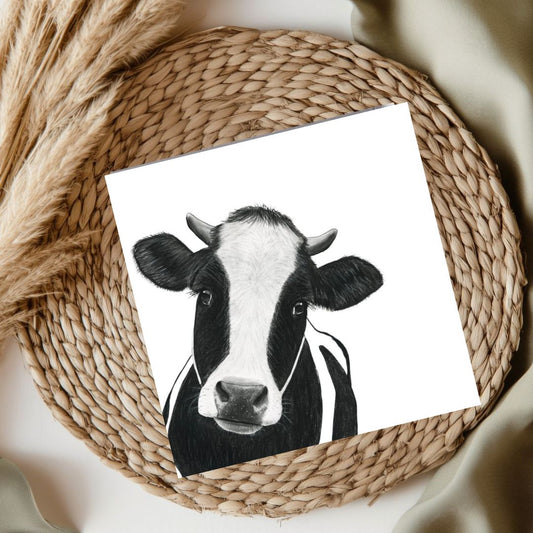 Beautiful hand-drawn cow greeting card, perfect for birthdays, thank yous, or special messages.