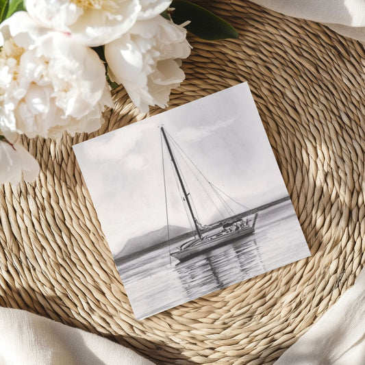 A beautifully hand-illustrated greeting card featuring a classic sailboat on the open sea, perfect for sending heartfelt messages to sailing enthusiasts and adventure lovers. Available at Libra Fine Arts.