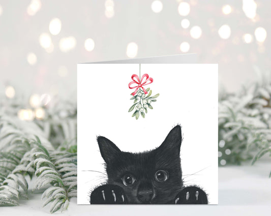 Adorable kitten named Sansuna under the mistletoe on a festive Christmas card.