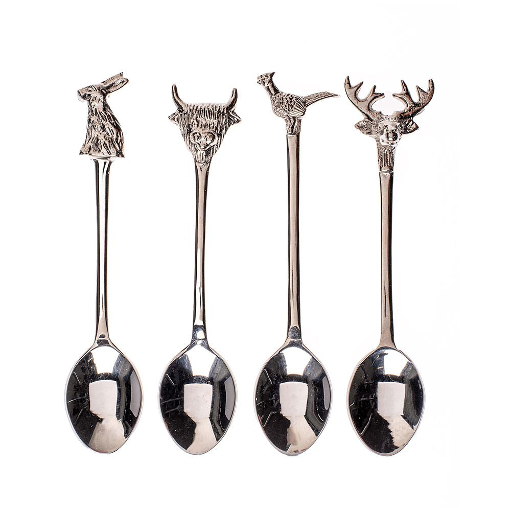 A set of 4 beautifully crafted teaspoons, each featuring a different country animal design at the handle, including a charming deer, rabbit, sheep, and duck, perfect for adding a rustic, countryside touch to your tableware collection.