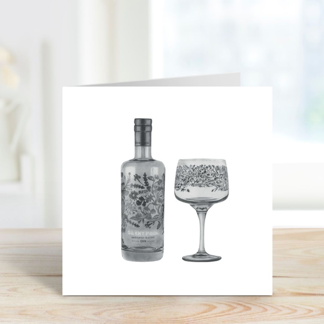 Hand-drawn Silent Pool Gin greeting card, featuring a detailed illustration of the gin bottle and glass.