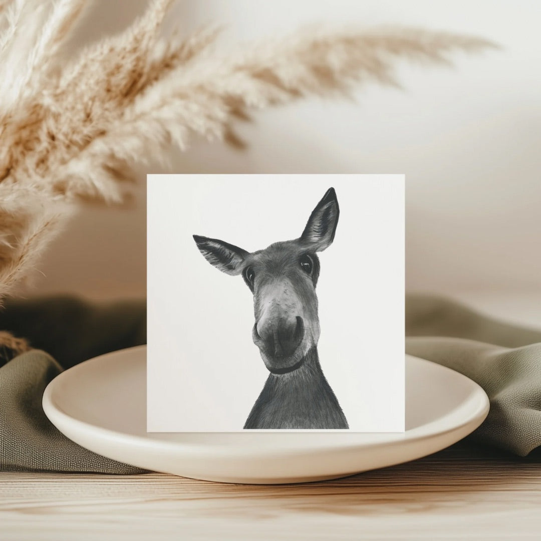 Hand-drawn Sirius the Donkey greeting card, featuring adorable countryside animal art
