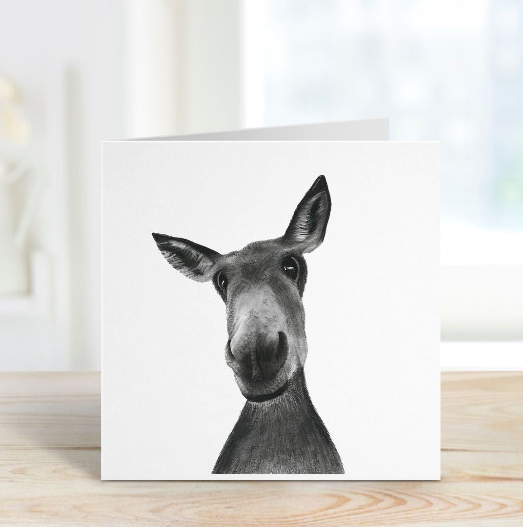 Sirius the Donkey Hand-Drawn Greeting Card by Libra Fine Arts, featuring a detailed black and white illustration of a donkey. A perfect card for countryside and animal lovers