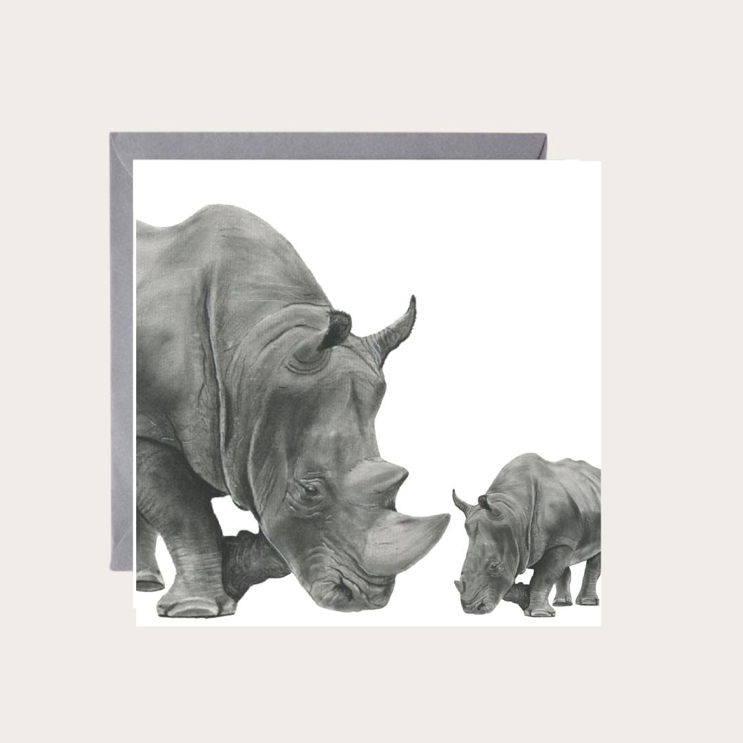 Charming hand-drawn greeting card featuring Situla and her baby rhino, ideal for sending warm wishes to wildlife lovers and fans of sweet animal illustrations.