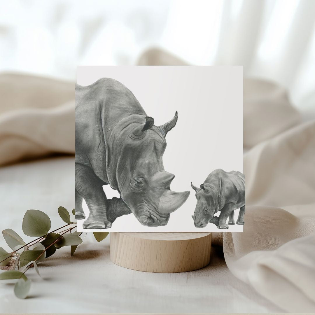 Beautiful hand-illustrated greeting card featuring Situla and her baby rhino, perfect for animal lovers and those who adore heartwarming scenes from the wild.