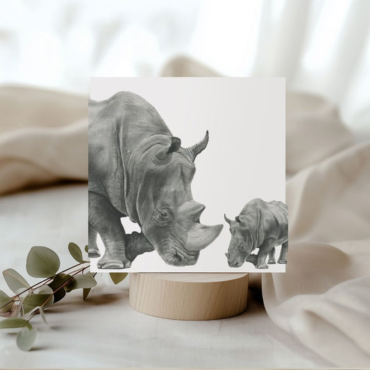 Beautiful hand-illustrated greeting card featuring Situla and her baby rhino, perfect for animal lovers and those who adore heartwarming scenes from the wild.