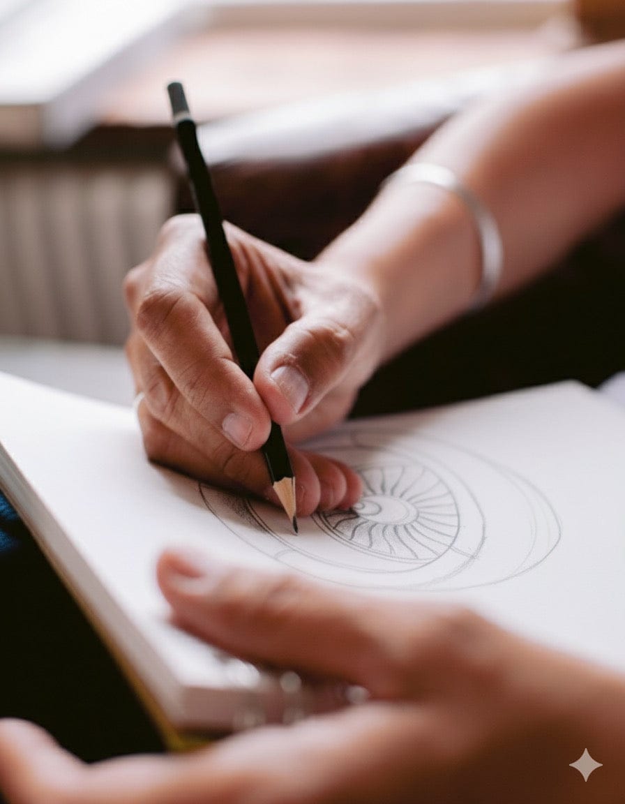 Behind-the-scenes view of Skip hand-drawing an animal illustration at his art desk.