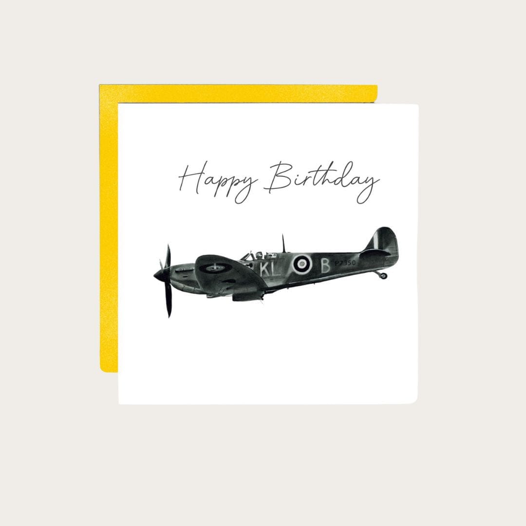 A beautiful hand-drawn Spitfire birthday greeting card, designed by Libra Fine Arts, featuring a dynamic Spitfire aircraft illustration. Ideal for aviation fans and anyone who loves military history, this card brings a unique and thoughtful touch to any birthday celebration