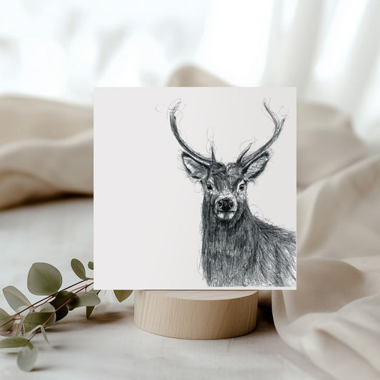 A minimalist greeting card featuring a hand-drawn stag illustration, perfect for nature enthusiasts and wildlife admirers. Printed on high-quality, sustainably sourced textured board, it's left blank inside for your personal message.
